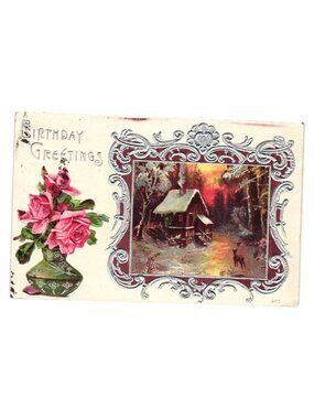 Vintage Embossed Birthday Greetings Postcard Roses Landscape Cabin Scene Posted